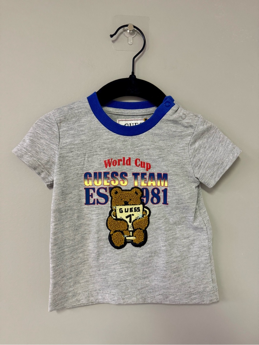 GUESS Gray Tee with Blue Trim and Teddy Graphic